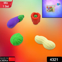 Mini Cute Vegetables and Fruits Erasers or Pencil Rubbers for Kids, 1 Set Fancy & Stylish Colorful Erasers for Children, Eraser Set for Return Gift, Birthday Party, School Prize,3D Erasers (4 pc Set)