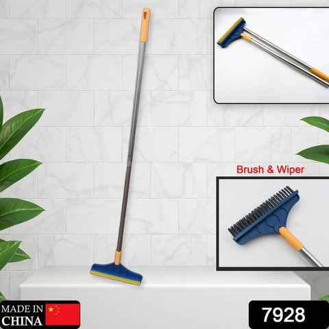 7928 2 in 1 Cleaning Brush & Wiper , Long Handle Floor Brush, Rotatable Cleaning Brush for Bathroom, Kitchen, 120 Degree Triangular Rotating Brush Head with Wiper