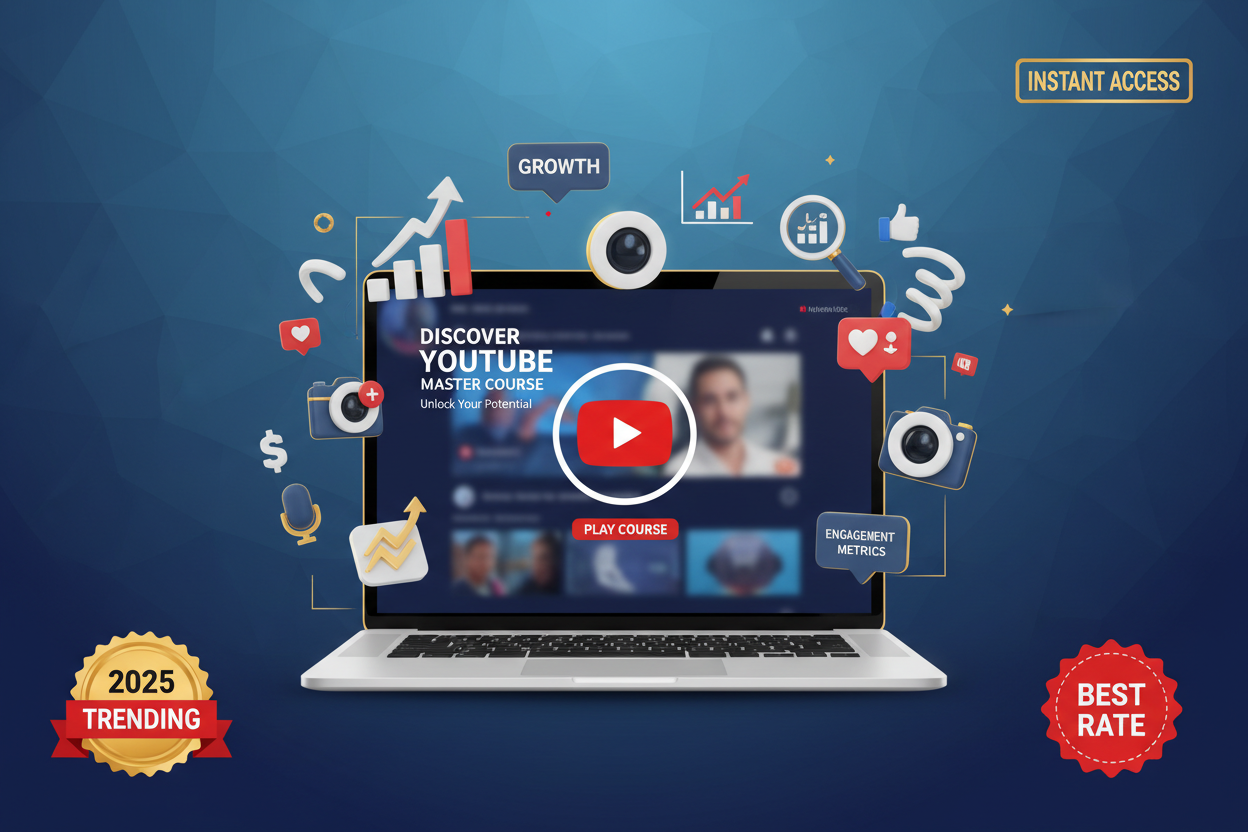 generate seo ranking engaging product image for Discover Youtube Master Course, a top-selling digital product for entrepreneurs &amp; learners. Immediate access, trending resources, best rate, and high-demand for 2025. Boost your skills or business with premium quality!