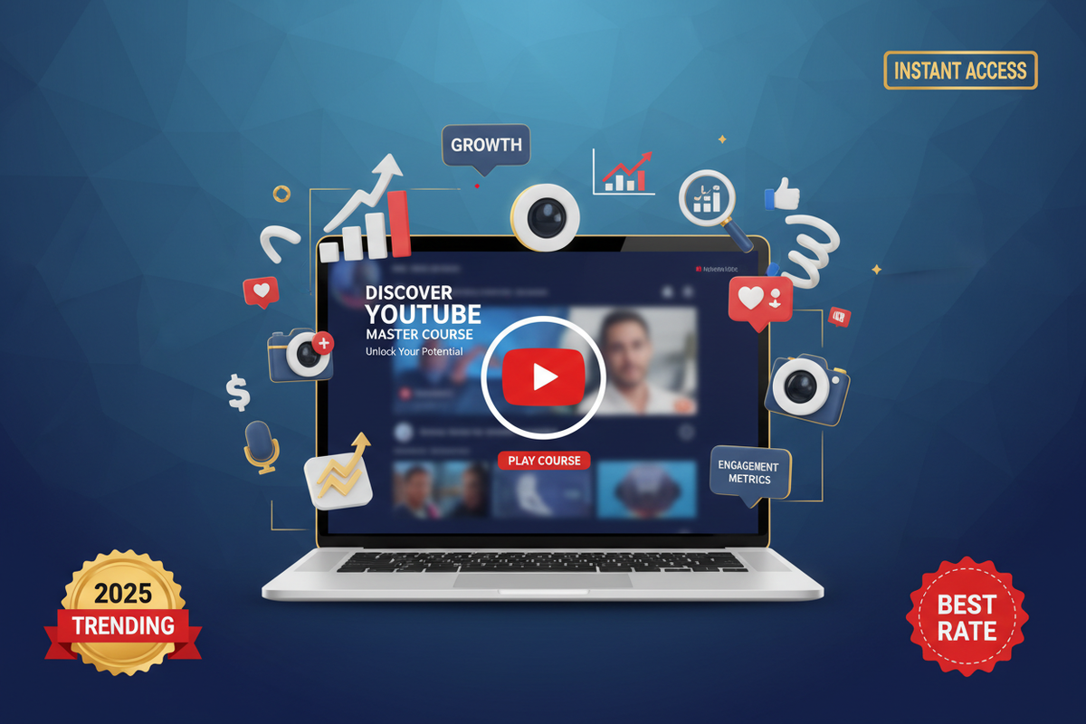 generate seo ranking engaging product image for Discover Youtube Master Course, a top-selling digital product for entrepreneurs &amp; learners. Immediate access, trending resources, best rate, and high-demand for 2025. Boost your skills or business with premium quality!
